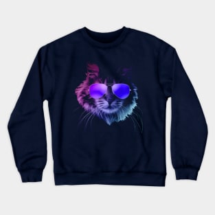 Cool Furry Cat with Sunglasses In Neon Crewneck Sweatshirt